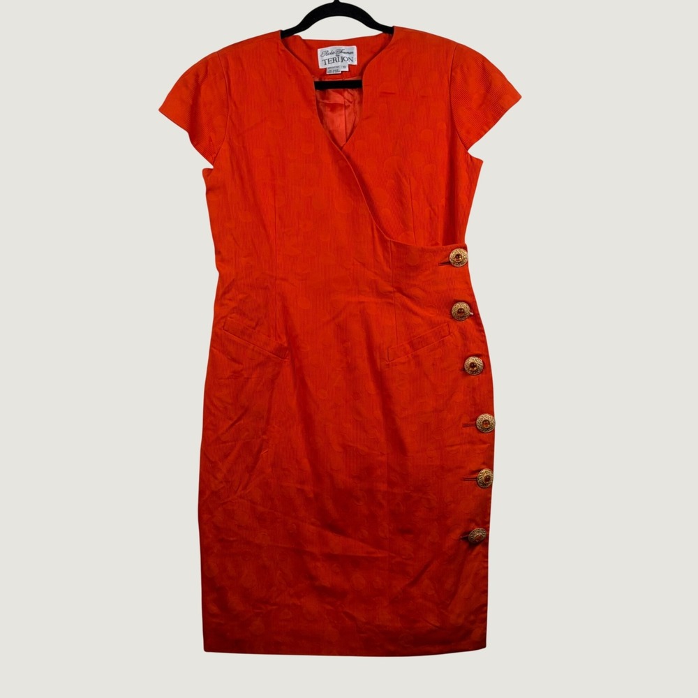 Vintage Rickie Freeman Teri Jon Sheath Dress Womens Dot Gold Buttons 10 Orange